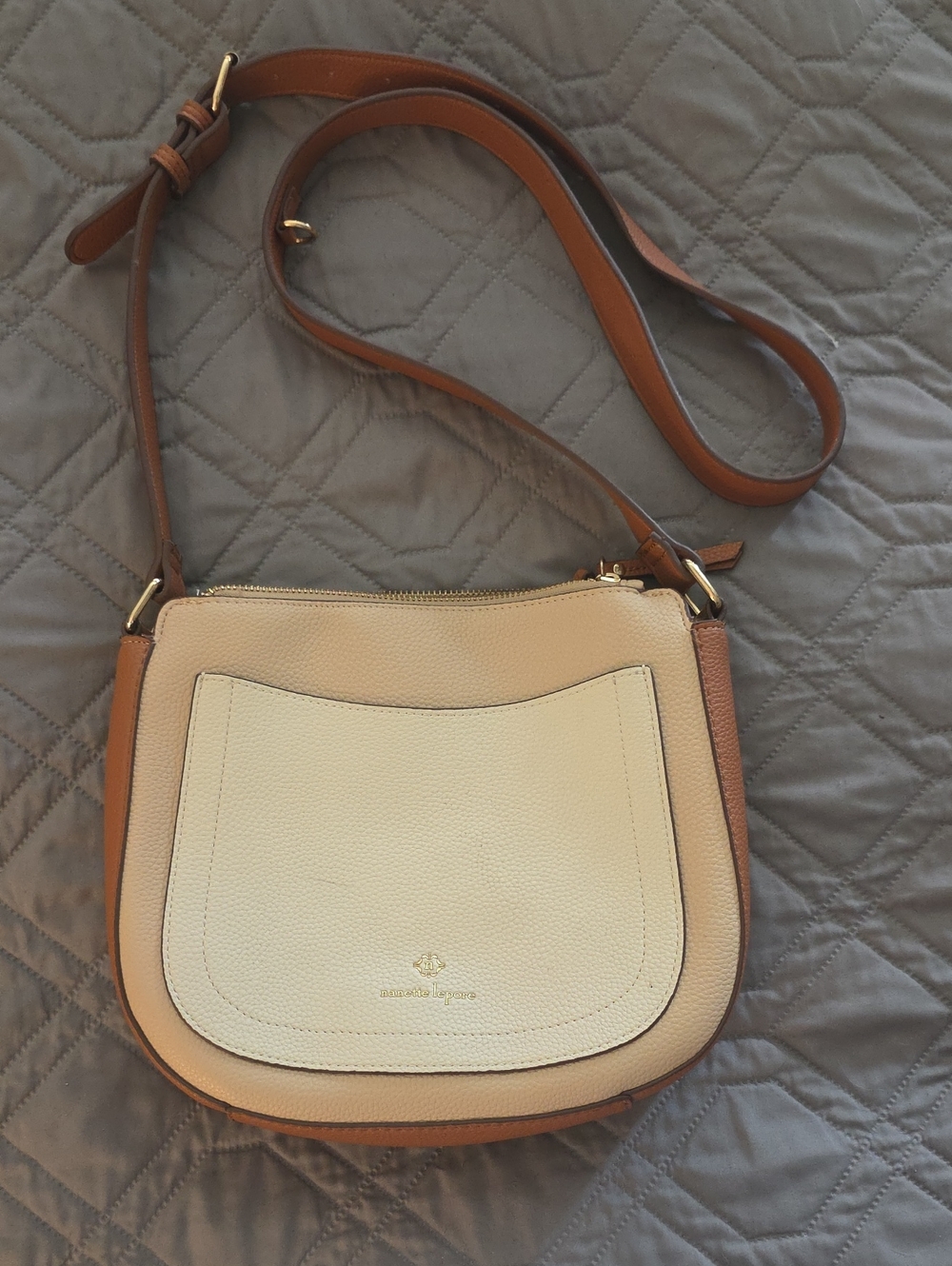 Nanette Lepore Cream & Tan Colorblock Pebbled Leather Crossbody